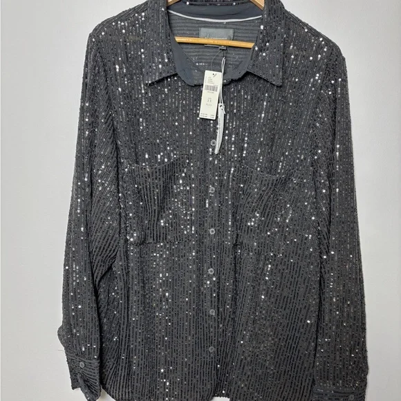 Anthropologie Remie Sequin Button Front Shirt Blouse  Silver Top size 3X NWT - Picture 2 of 4